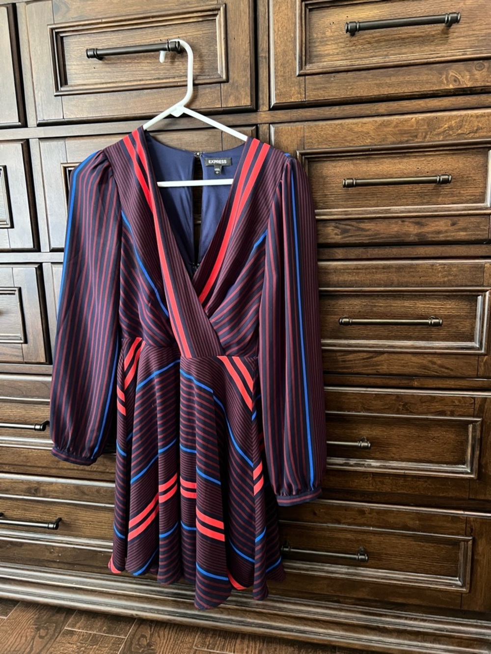Express Burgundy Long-Sleeve Striped Wrap Dress with Red and Blue Accents